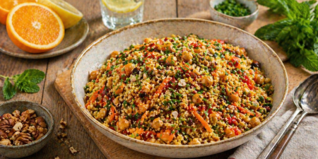 Gouden couscous met citrus & krokante noten