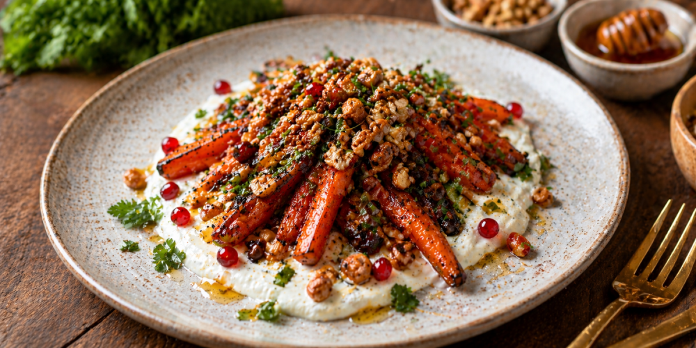 Hartige noten & kruiden crumble met geroosterde wortel & yoghurt