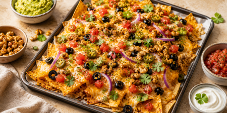 Krokante nacho's uit de oven met pinda cashew honing peper & olijven