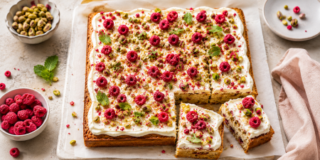 Pistache-Framboos plaatcake