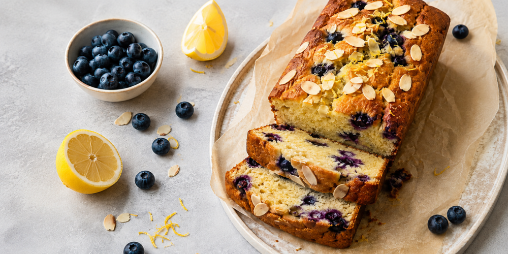 Zomerse citroen-amandelcake met blauwe bessen
