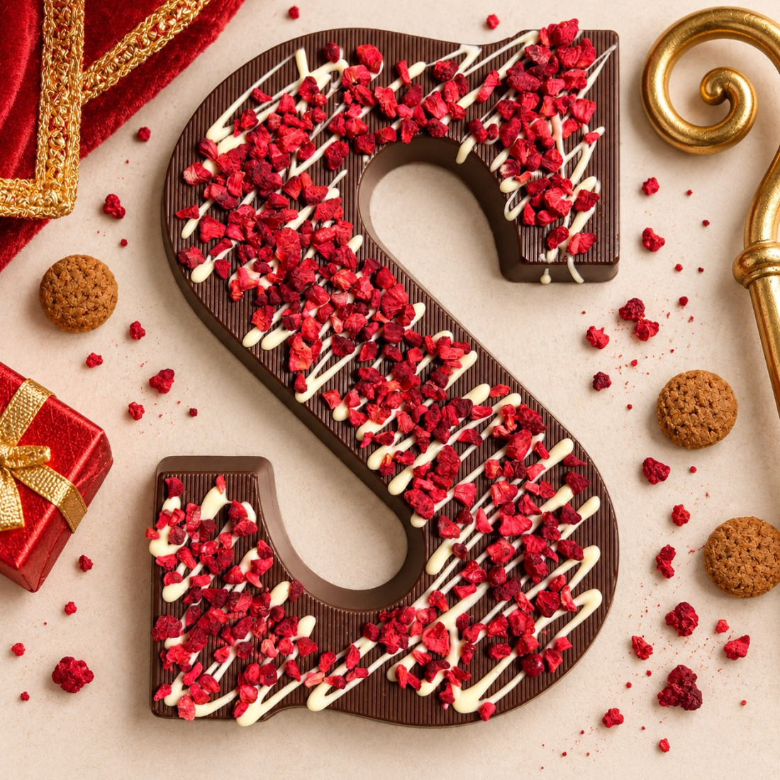 Luxe chocoladeletter puur met frambozen crunch